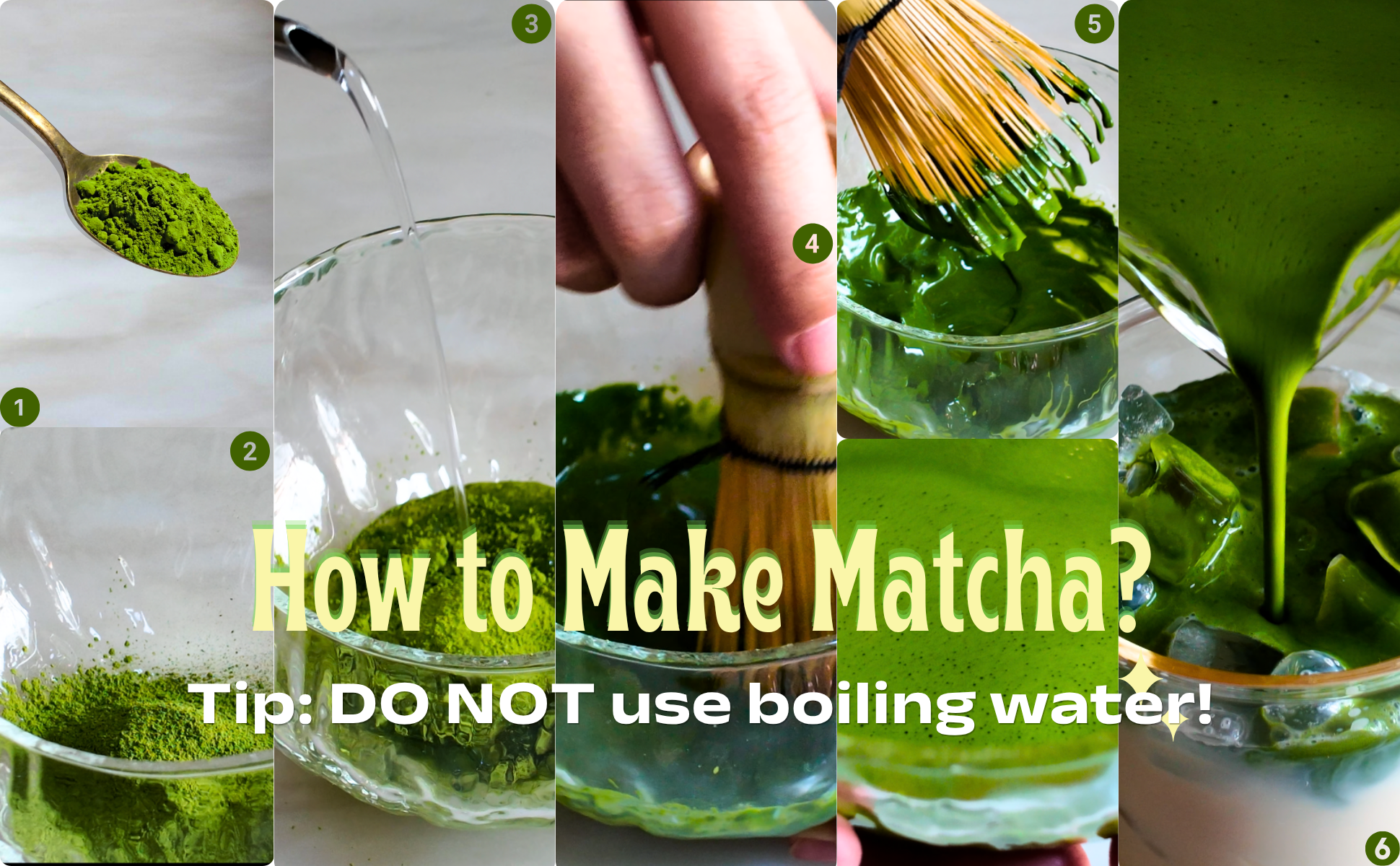 Step-by-step guide on how to make matcha at home using a bamboo whisk, showing matcha powder, hot water, and whisking technique.