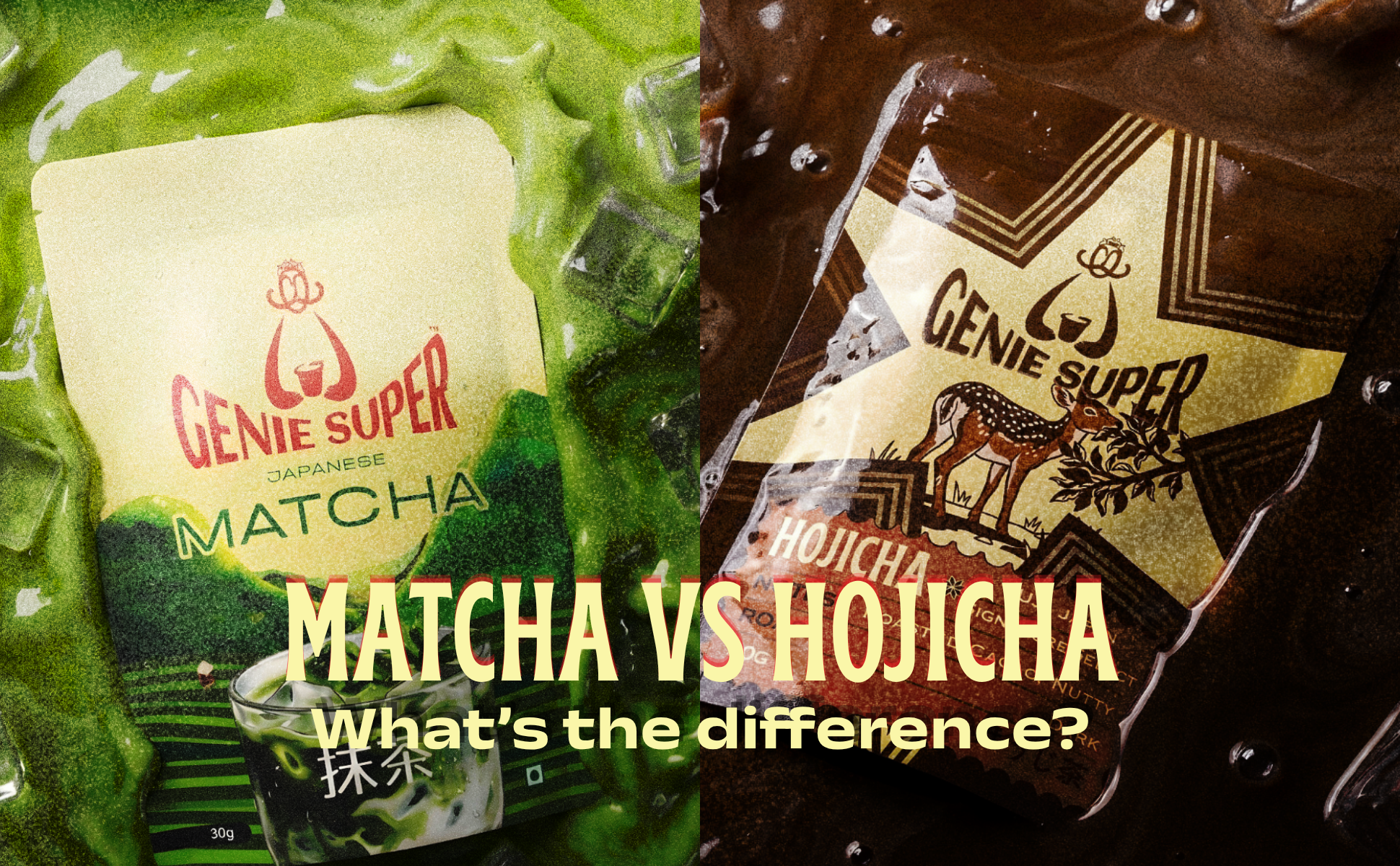 What is the difference between matcha and hojicha — Genie Super Japanese tea powders side by side.