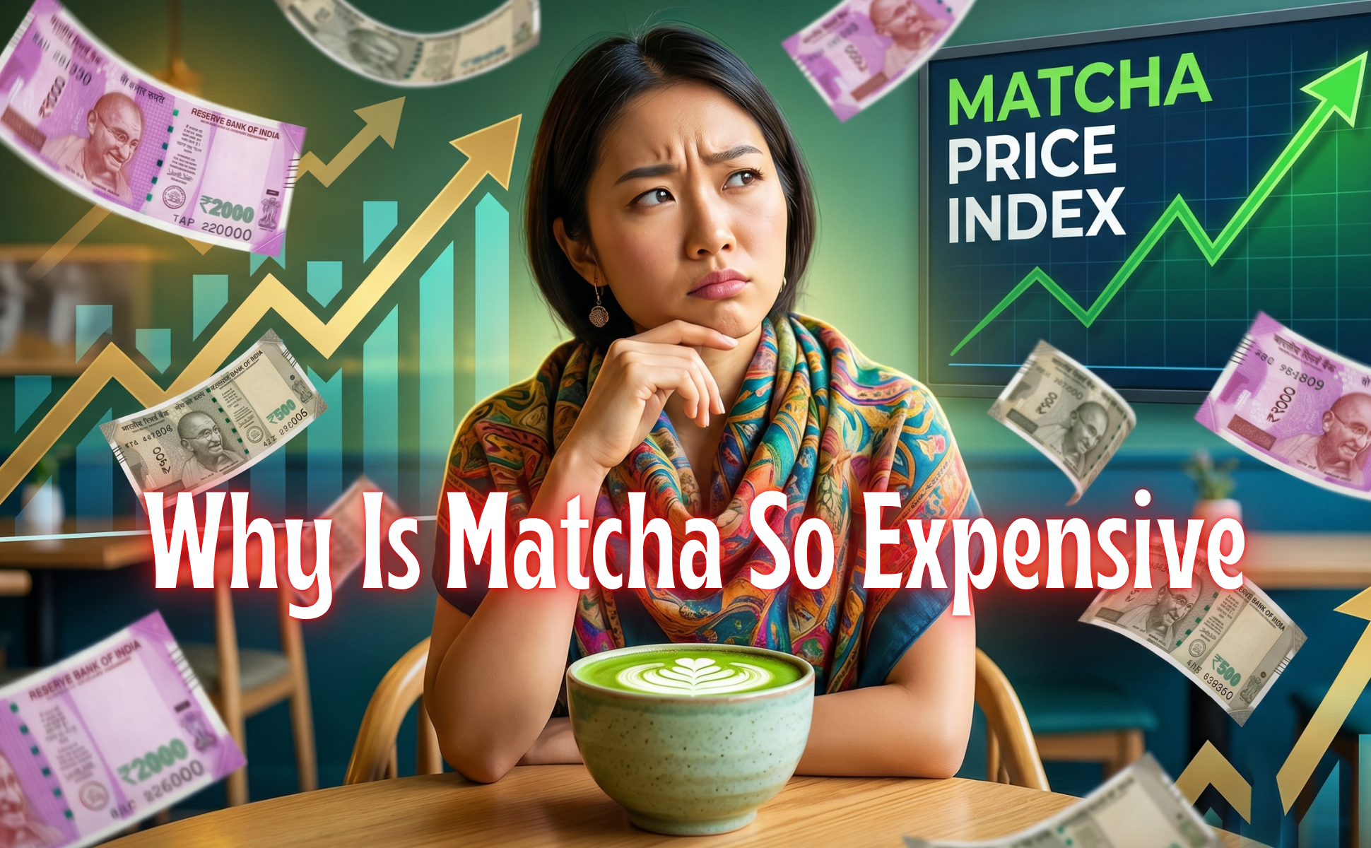 Woman wondering why matcha is so expensive with rising matcha price index chart and Indian rupee notes in background