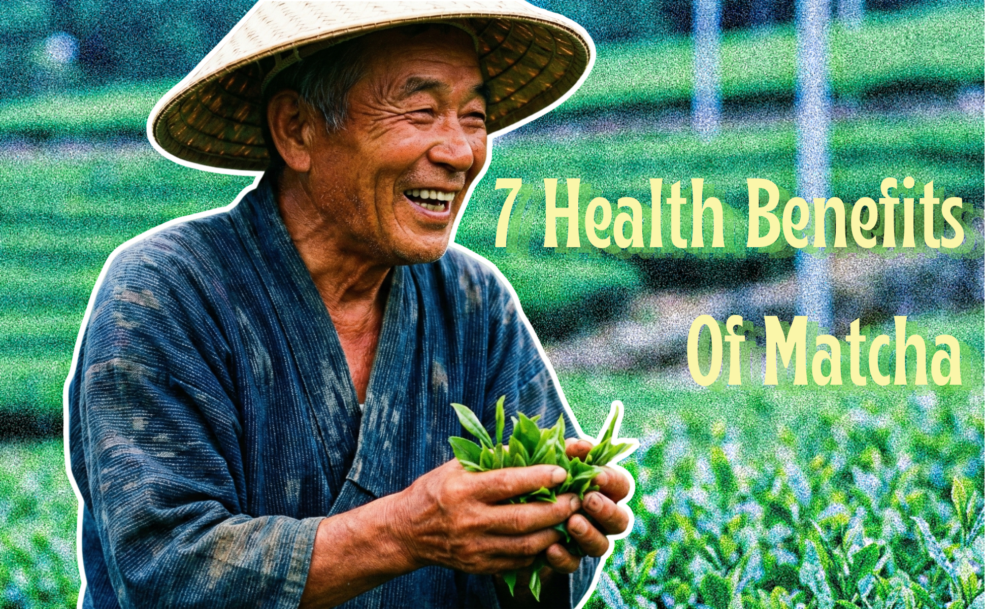 Smiling Japanese tea farmer holding fresh green tea leaves in a matcha plantation showcasing health benefits of matcha.