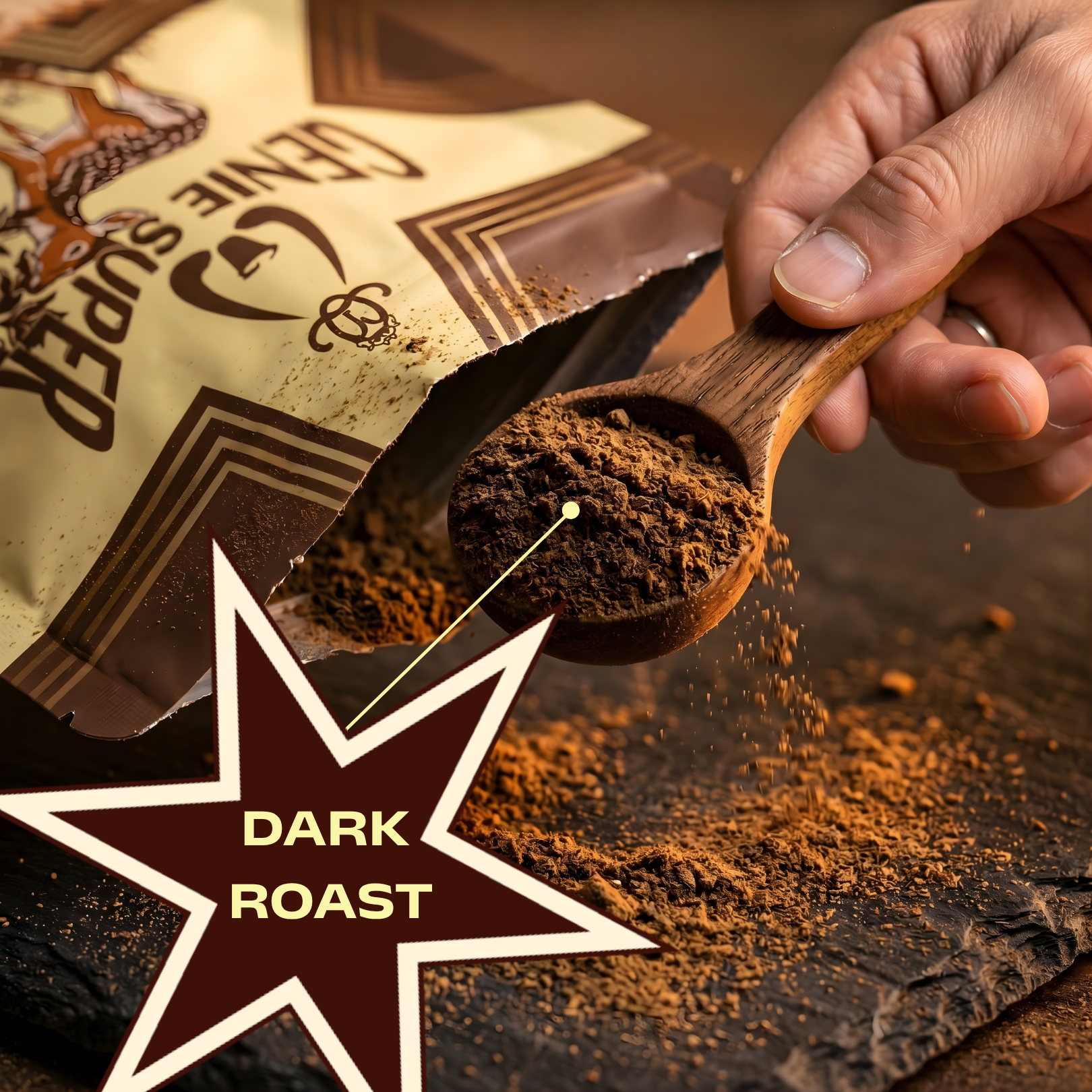 Hojicha powder dark roast scoop — roasted cacao notes