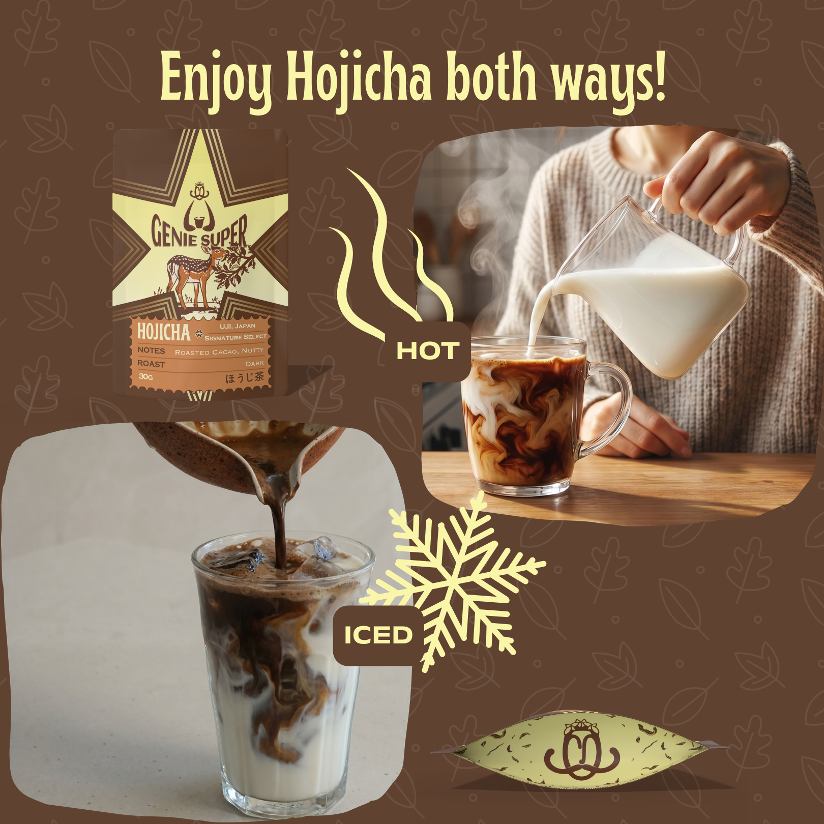 Genie Super hojicha latte served hot and iced