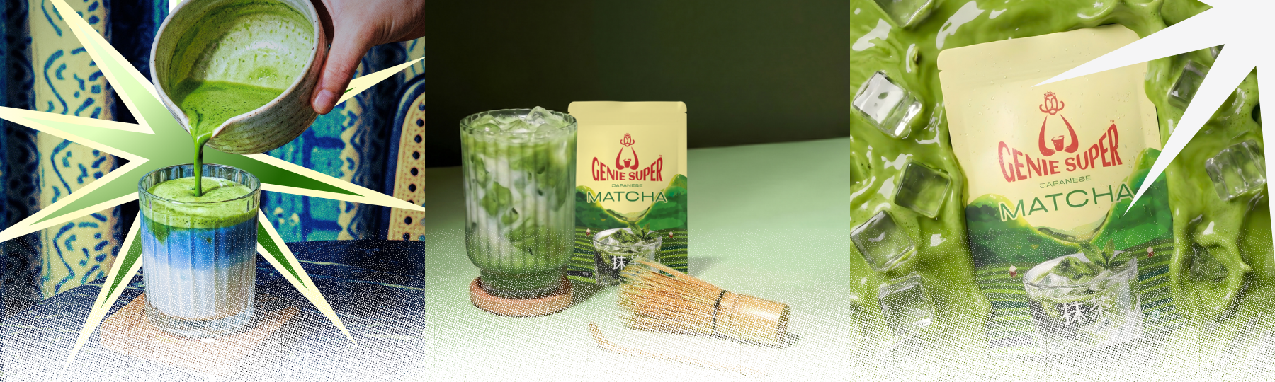 Three images showing a matcha product with packaging labeled 'Genie Super Matcha'.